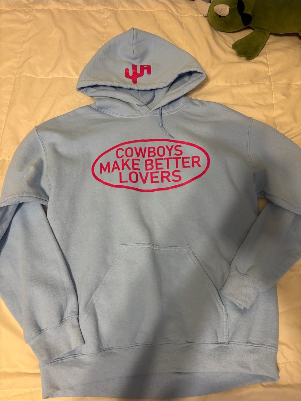 Light Blue Crewneck Hoodie with Pink Graphic